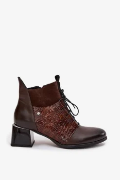 Zazoo 60503 Skórzane Botki Na Obcasie Ocieplane Czekoladowe
