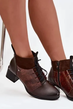 Zazoo 60503 Skórzane Botki Na Obcasie Ocieplane Czekoladowe