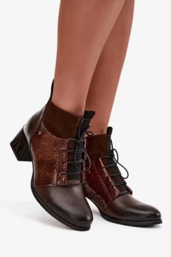 Zazoo 60503 Skórzane Botki Na Obcasie Ocieplane Czekoladowe