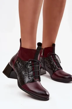 Zazoo 60503 Skórzane Botki Na Obcasie Ocieplane Bordowe