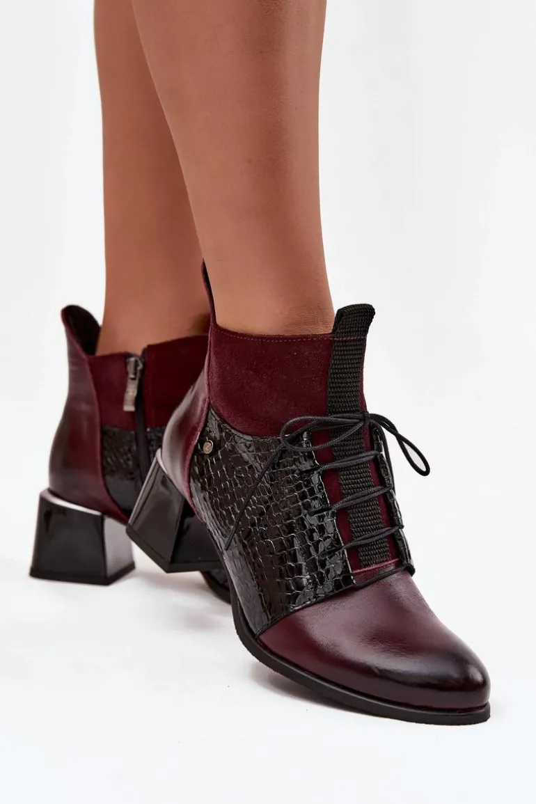 Zazoo 60503 Skórzane Botki Na Obcasie Ocieplane Bordowe