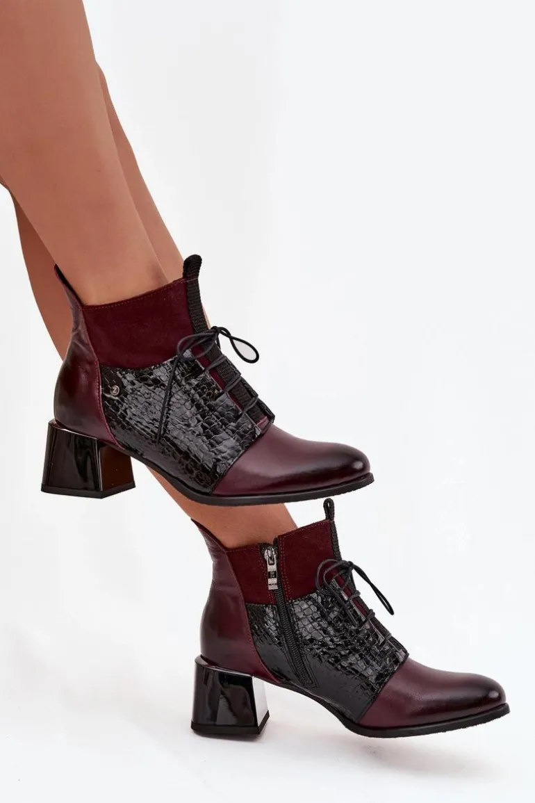 Zazoo 60503 Skórzane Botki Na Obcasie Ocieplane Bordowe