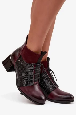 Zazoo 60503 Skórzane Botki Na Obcasie Ocieplane Bordowe