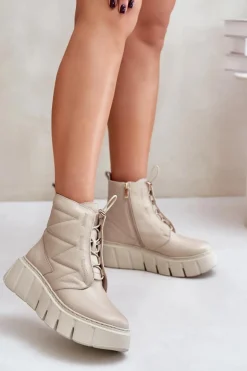 Zazoo 60472 Skórzane Botki Na Platformie I Koturnie Beżowe
