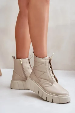 Zazoo 60472 Skórzane Botki Na Platformie I Koturnie Beżowe