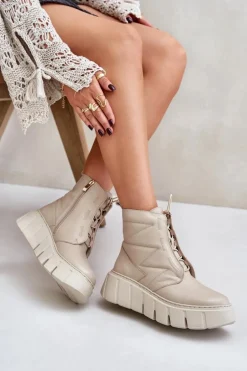 Zazoo 60472 Skórzane Botki Na Platformie I Koturnie Beżowe