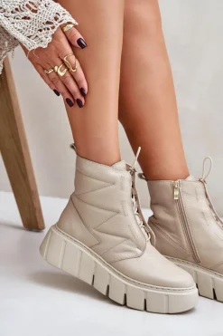 Zazoo 60472 Skórzane Botki Na Platformie I Koturnie Beżowe
