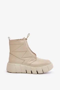 Zazoo 60472 Skórzane Botki Na Platformie I Koturnie Beżowe