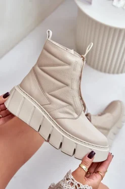 Zazoo 60472 Skórzane Botki Na Platformie I Koturnie Beżowe