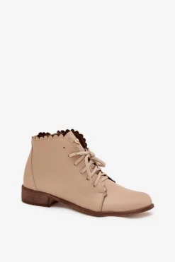 Zazoo 2964 Skórzane Botki Na Płaskim Obcasie Beżowe