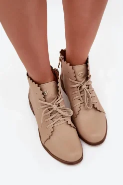 Zazoo 2964 Skórzane Botki Na Płaskim Obcasie Beżowe