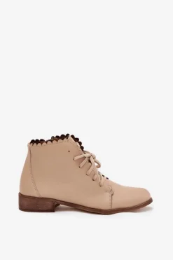 Zazoo 2964 Skórzane Botki Na Płaskim Obcasie Beżowe