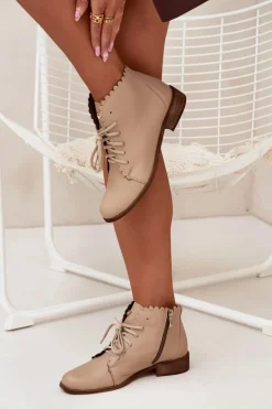 Zazoo 2964 Skórzane Botki Na Płaskim Obcasie Beżowe