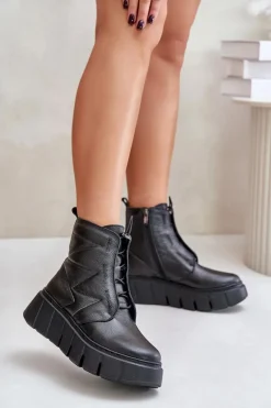 Zazoo 60472 Skórzane Botki Na Platformie I Koturnie Czarne