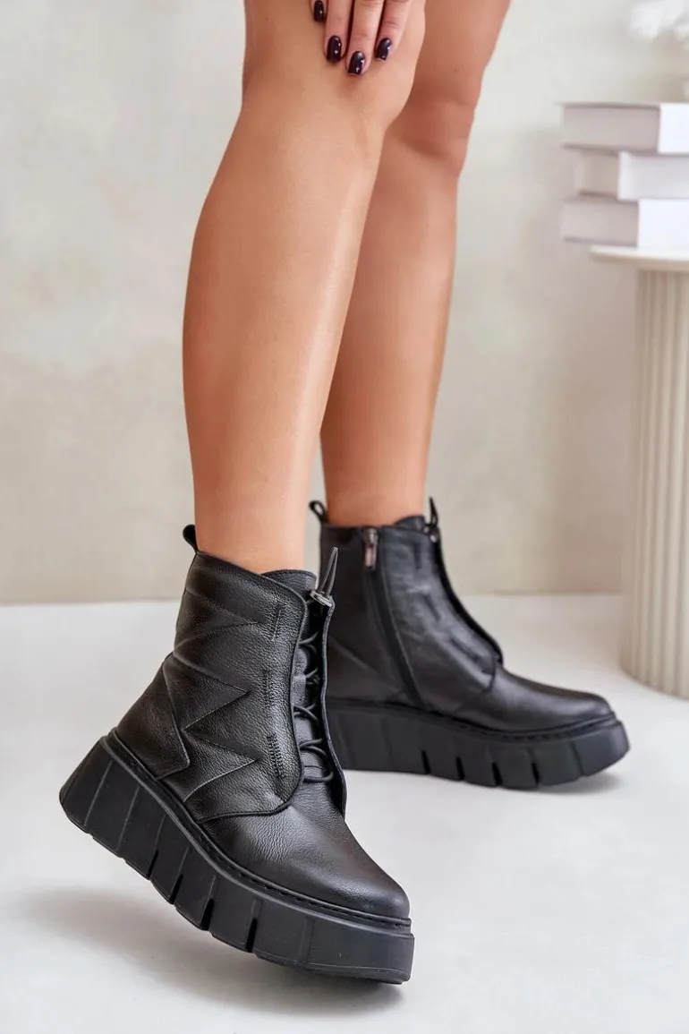Zazoo 60472 Skórzane Botki Na Platformie I Koturnie Czarne
