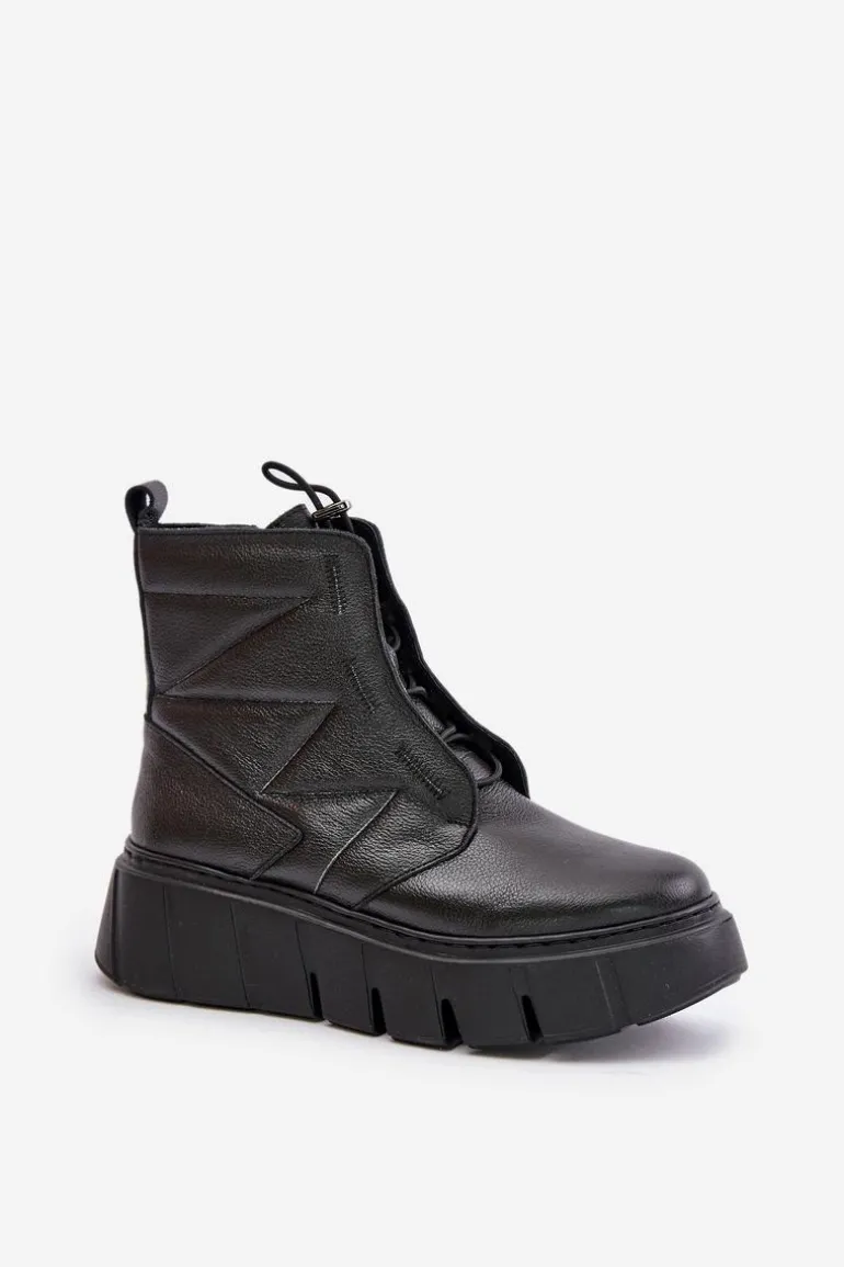 Zazoo 60472 Skórzane Botki Na Platformie I Koturnie Czarne