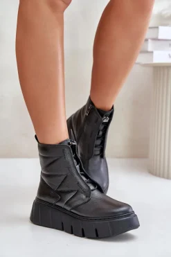 Zazoo 60472 Skórzane Botki Na Platformie I Koturnie Czarne
