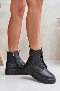 Zazoo 60472 Skórzane Botki Na Platformie I Koturnie Czarne