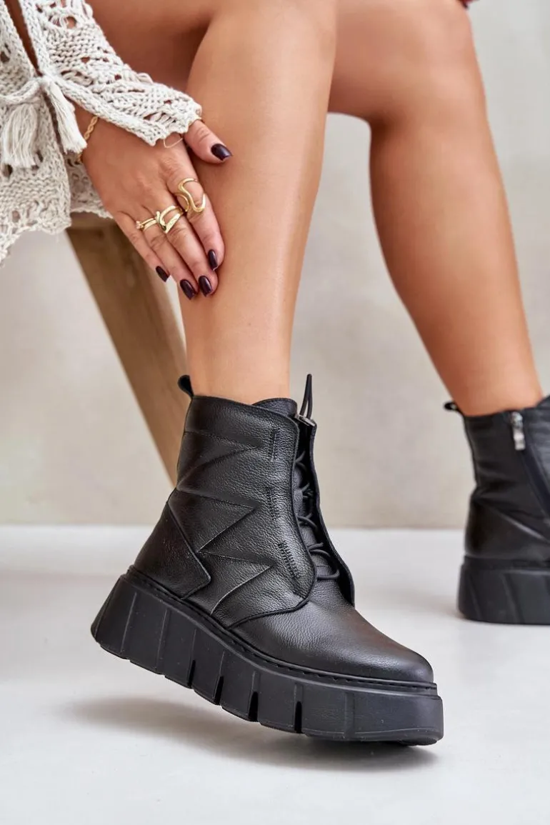 Zazoo 60472 Skórzane Botki Na Platformie I Koturnie Czarne