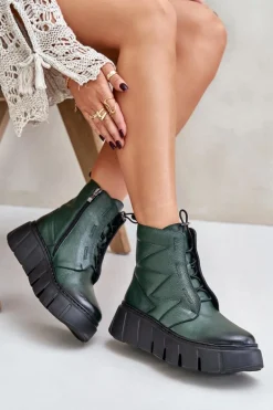 Zazoo 60472 Skórzane Botki Na Platformie I Koturnie Ciemnozielone