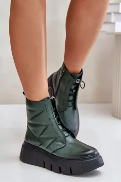 Zazoo 60472 Skórzane Botki Na Platformie I Koturnie Ciemnozielone