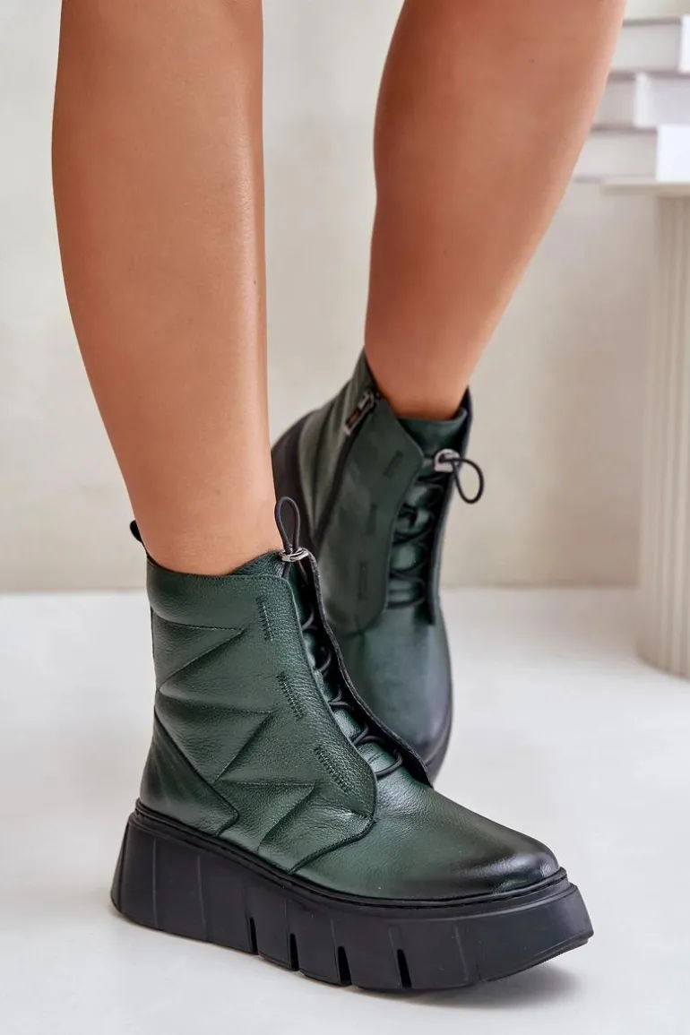 Zazoo 60472 Skórzane Botki Na Platformie I Koturnie Ciemnozielone