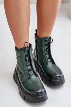 Zazoo 60472 Skórzane Botki Na Platformie I Koturnie Ciemnozielone