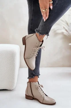 Zazoo 2964 Skórzane Botki Na Płaskim Obcasie Beżowe