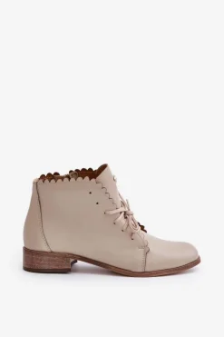 Zazoo 2964 Skórzane Botki Na Płaskim Obcasie Beżowe