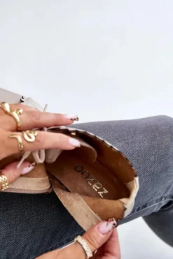 Zazoo 2964 Skórzane Botki Na Płaskim Obcasie Beżowe