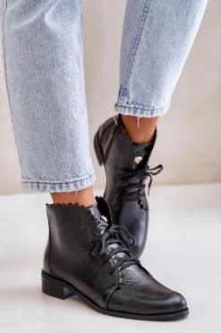 Zazoo 2964 Skórzane Botki Na Płaskim Obcasie Czarne