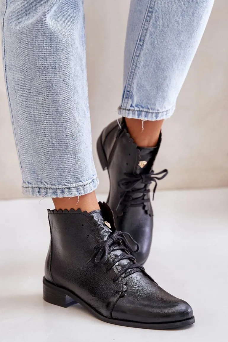 Zazoo 2964 Skórzane Botki Na Płaskim Obcasie Czarne