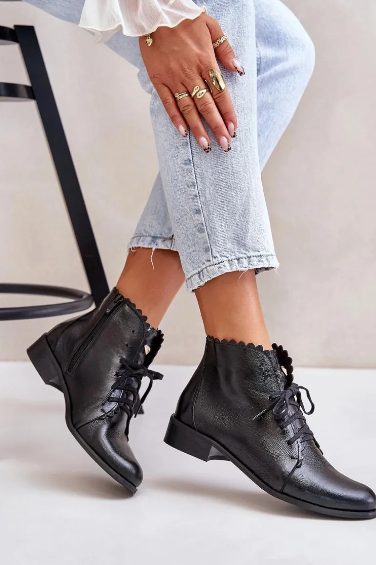 Zazoo 2964 Skórzane Botki Na Płaskim Obcasie Czarne