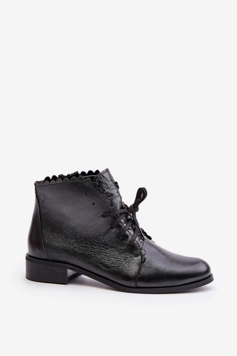 Zazoo 2964 Skórzane Botki Na Płaskim Obcasie Czarne