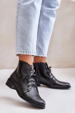 Zazoo 2964 Skórzane Botki Na Płaskim Obcasie Czarne