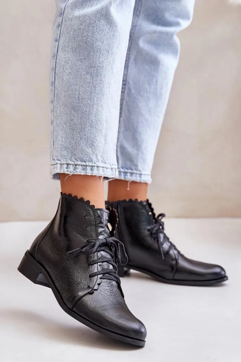 Zazoo 2964 Skórzane Botki Na Płaskim Obcasie Czarne