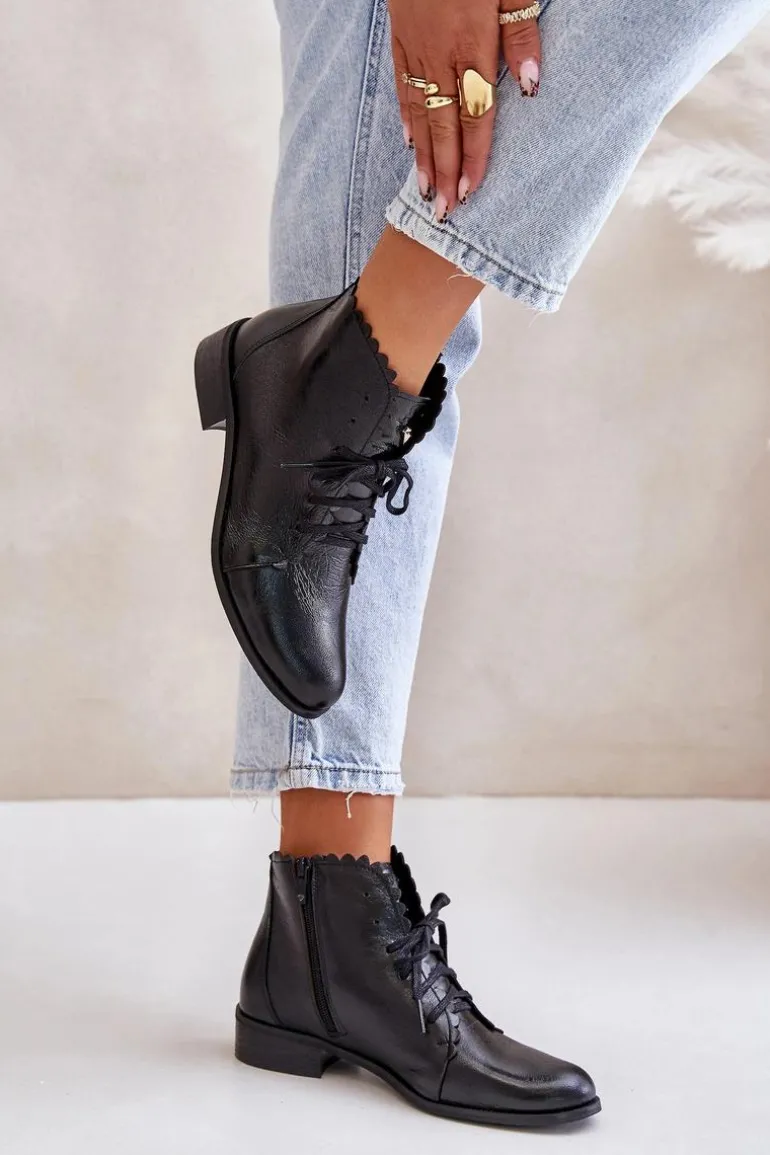 Zazoo 2964 Skórzane Botki Na Płaskim Obcasie Czarne