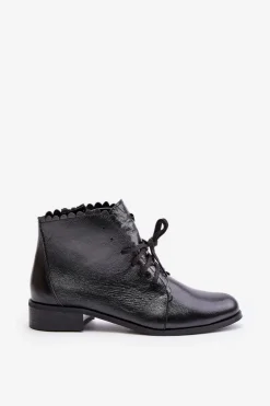 Zazoo 2964 Skórzane Botki Na Płaskim Obcasie Czarne