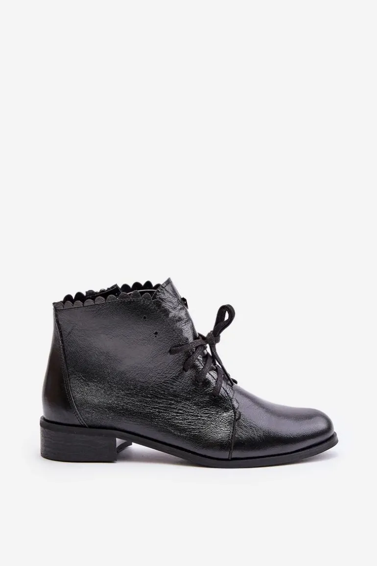 Zazoo 2964 Skórzane Botki Na Płaskim Obcasie Czarne