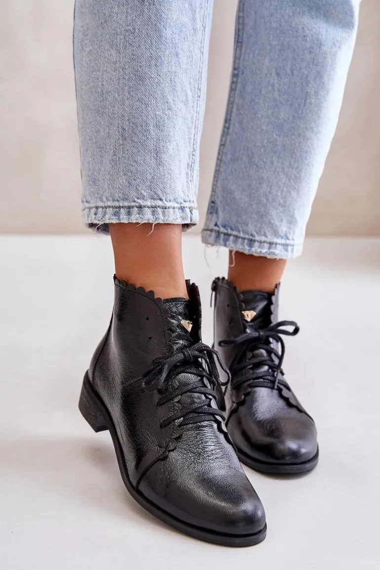 Zazoo 2964 Skórzane Botki Na Płaskim Obcasie Czarne