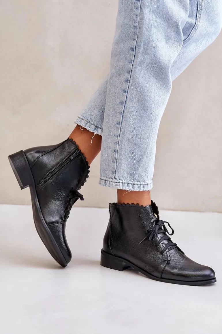 Zazoo 2964 Skórzane Botki Na Płaskim Obcasie Czarne