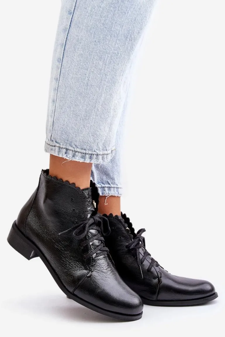 Zazoo 2964 Skórzane Botki Na Płaskim Obcasie Czarne