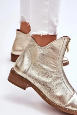 Zazoo 2785 Skórzane Botki Na Suwak Złote