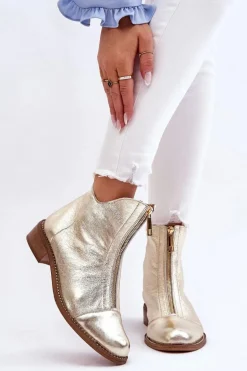 Zazoo 2785 Skórzane Botki Na Suwak Złote