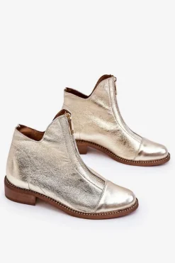 Zazoo 2785 Skórzane Botki Na Suwak Złote