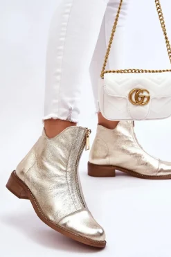 Zazoo 2785 Skórzane Botki Na Suwak Złote