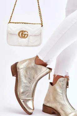 Zazoo 2785 Skórzane Botki Na Suwak Złote