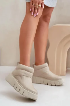 Zazoo 60470 Skórzane Botki Ocieplane Wełną Na Platformie Jasnobeżowe