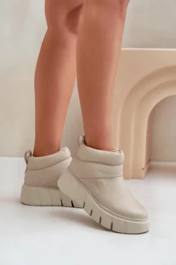 Zazoo 60470 Skórzane Botki Ocieplane Wełną Na Platformie Jasnobeżowe