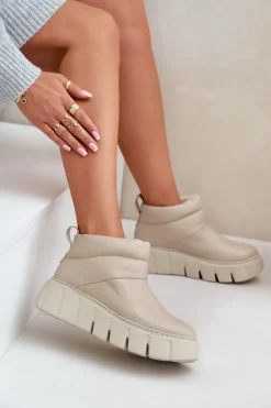 Zazoo 60470 Skórzane Botki Ocieplane Wełną Na Platformie Jasnobeżowe